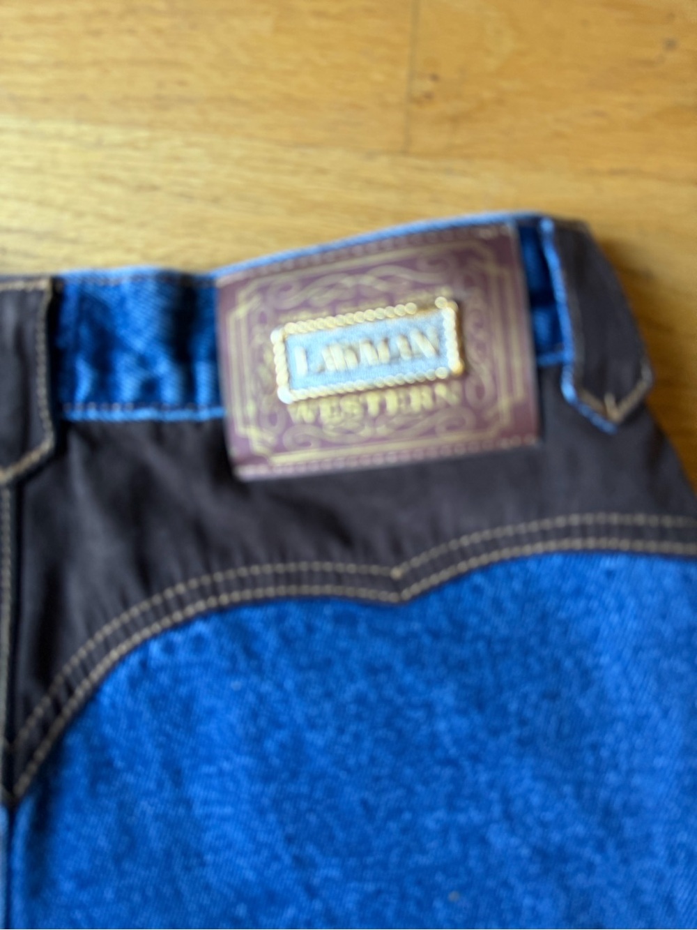 Vintage Lawman Western shorts blue jean brown faux suede pockets Sz 3 XS. - Picture 5 of 7